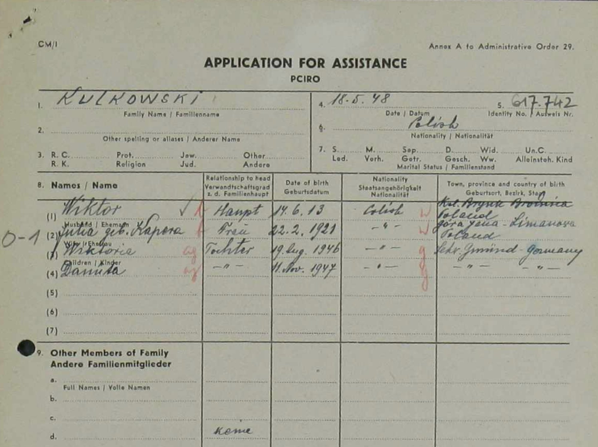 PCIRO Application for Assistance filed by the Kulkowski family, May 1948