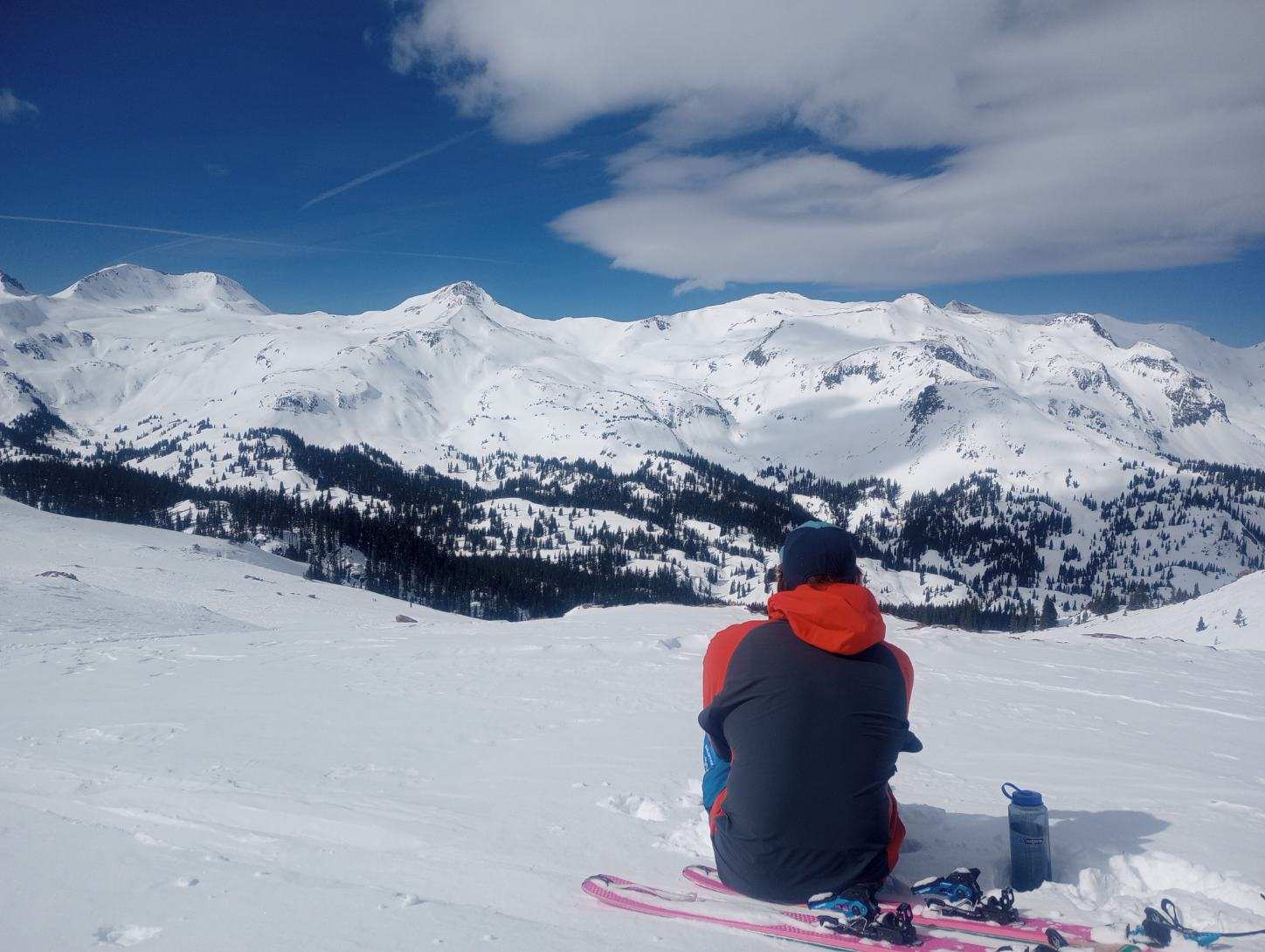 Looking out over snow covered Colorado mountains